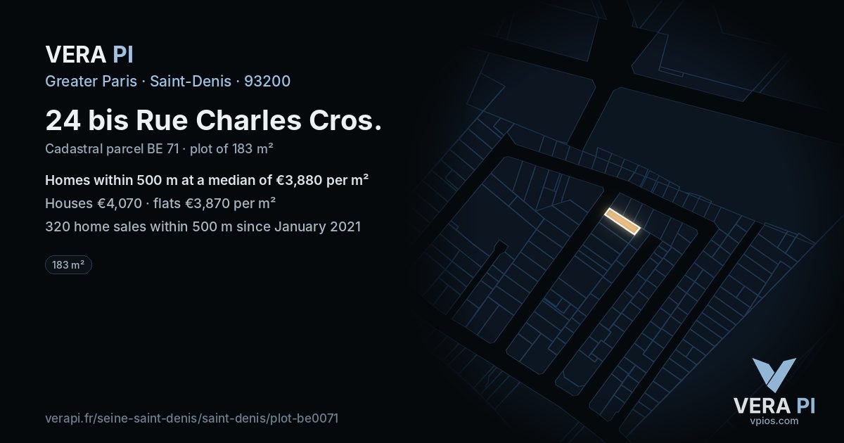 24 bis Rue Charles Cros, Saint-Denis at night – the plot lit, the parcels around coloured by the prices near them
