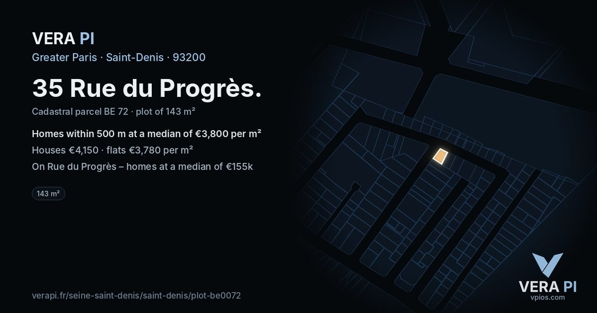 35 Rue du Progrès, Saint-Denis at night – the plot lit, the parcels around coloured by the prices near them
