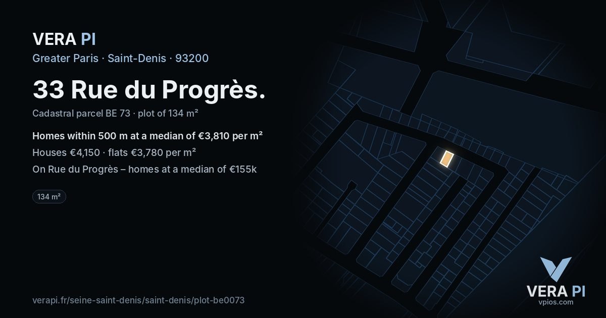 33 Rue du Progrès, Saint-Denis at night – the plot lit, the parcels around coloured by the prices near them