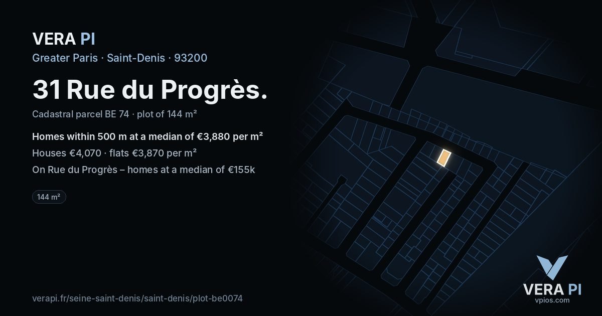 31 Rue du Progrès, Saint-Denis at night – the plot lit, the parcels around coloured by the prices near them