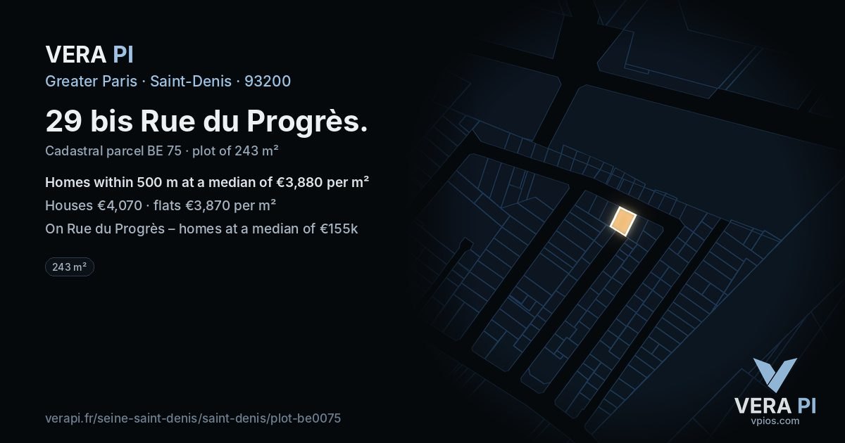 29 bis Rue du Progrès, Saint-Denis at night – the plot lit, the parcels around coloured by the prices near them