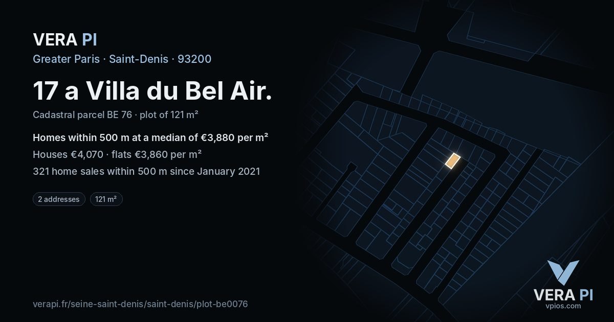 17 a Villa du Bel Air, Saint-Denis at night – the plot lit, the parcels around coloured by the prices near them