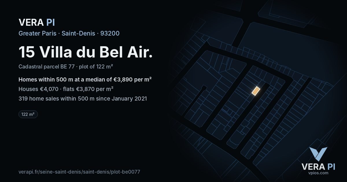 15 Villa du Bel Air, Saint-Denis at night – the plot lit, the parcels around coloured by the prices near them