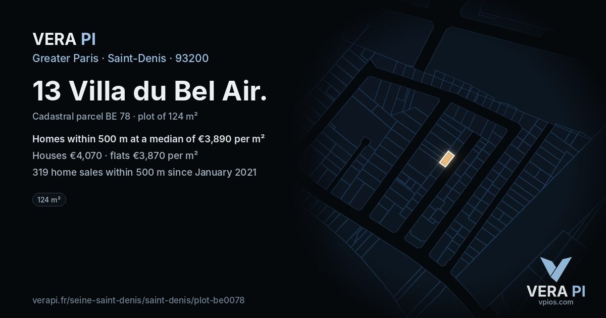13 Villa du Bel Air, Saint-Denis at night – the plot lit, the parcels around coloured by the prices near them