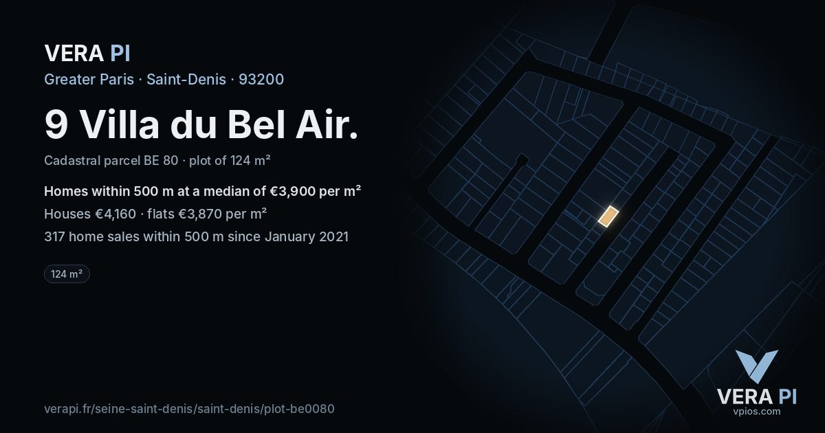9 Villa du Bel Air, Saint-Denis at night – the plot lit, the parcels around coloured by the prices near them