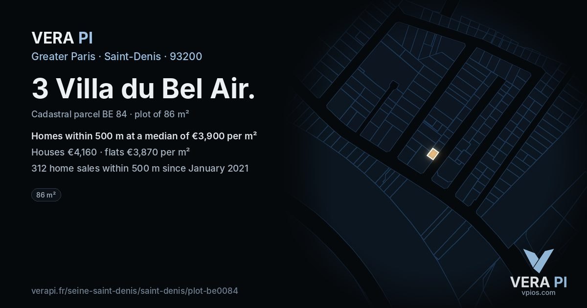 3 Villa du Bel Air, Saint-Denis at night – the plot lit, the parcels around coloured by the prices near them