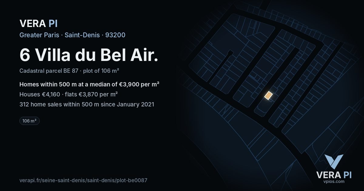 6 Villa du Bel Air, Saint-Denis at night – the plot lit, the parcels around coloured by the prices near them
