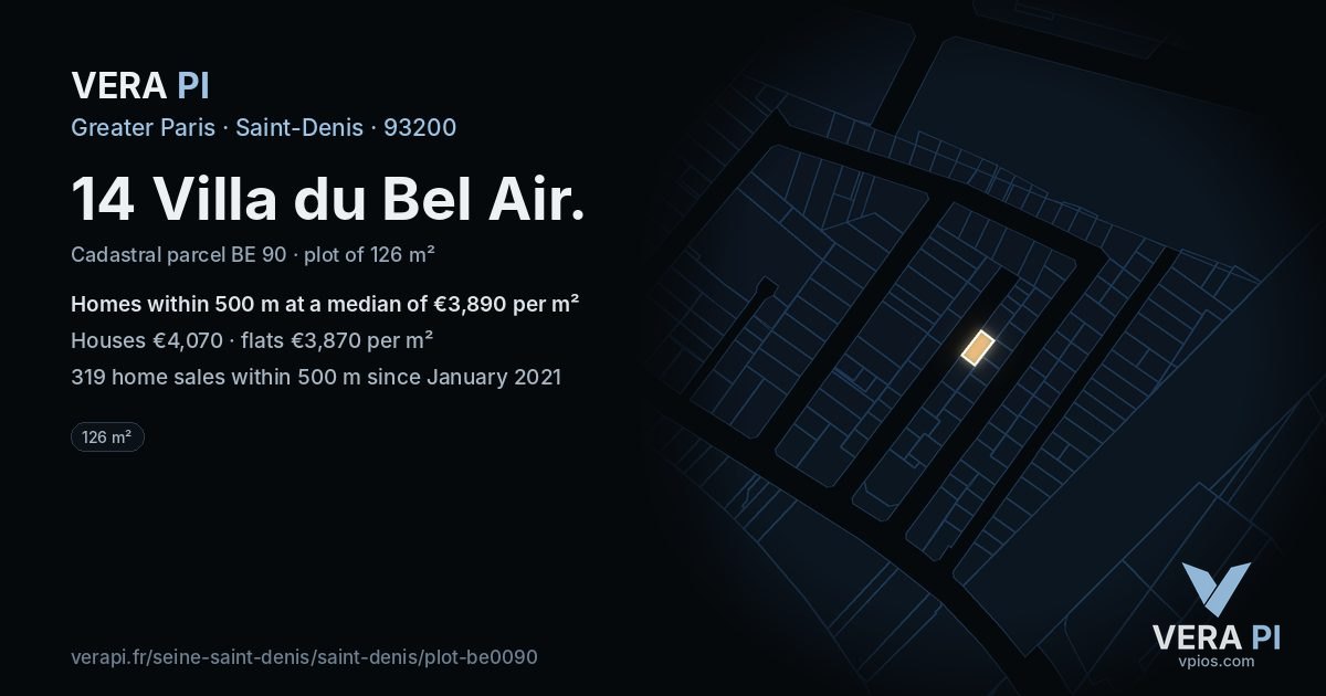 14 Villa du Bel Air, Saint-Denis at night – the plot lit, the parcels around coloured by the prices near them