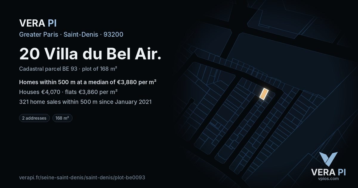 20 Villa du Bel Air, Saint-Denis at night – the plot lit, the parcels around coloured by the prices near them