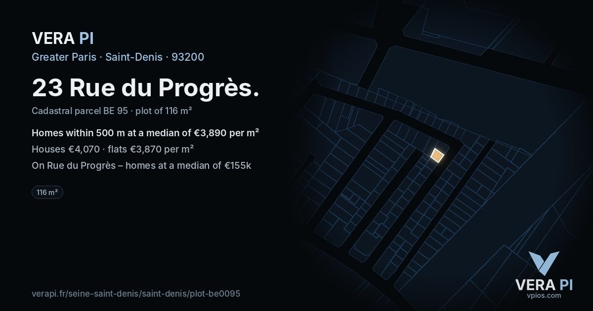 23 Rue du Progrès, Saint-Denis at night – the plot lit, the parcels around coloured by the prices near them