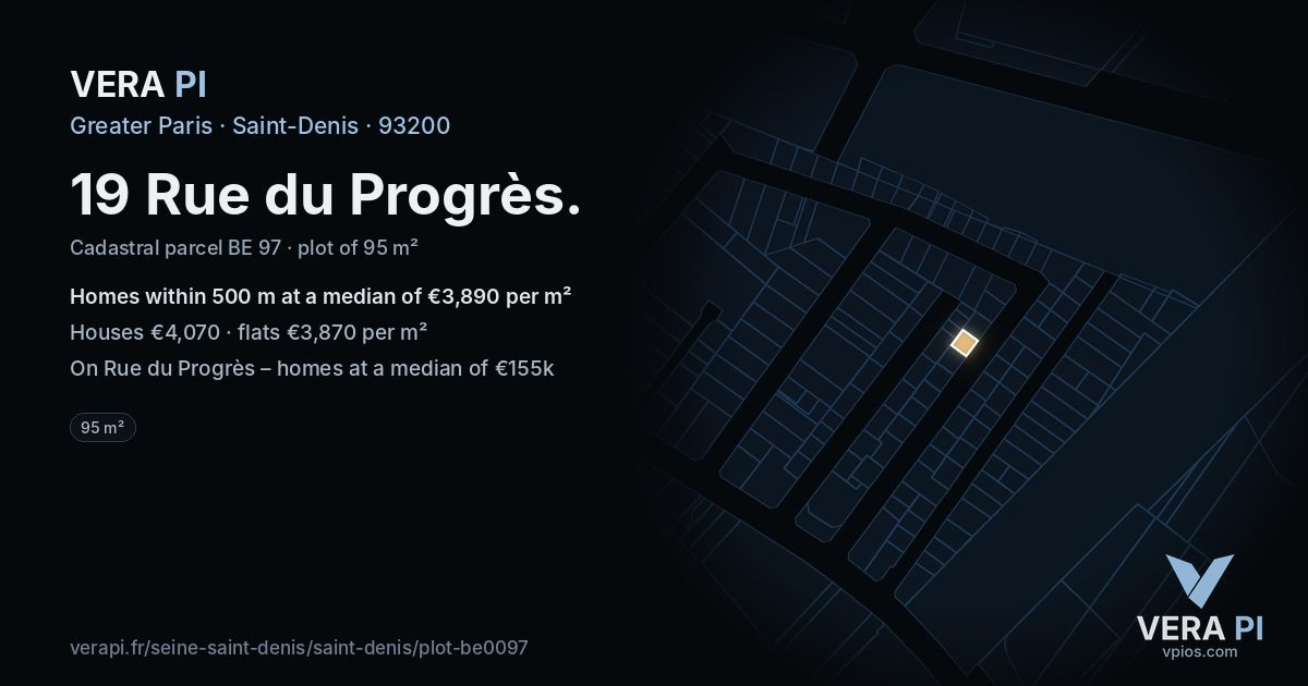 19 Rue du Progrès, Saint-Denis at night – the plot lit, the parcels around coloured by the prices near them