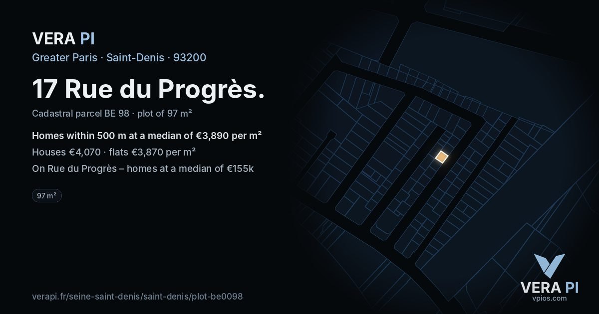 17 Rue du Progrès, Saint-Denis at night – the plot lit, the parcels around coloured by the prices near them