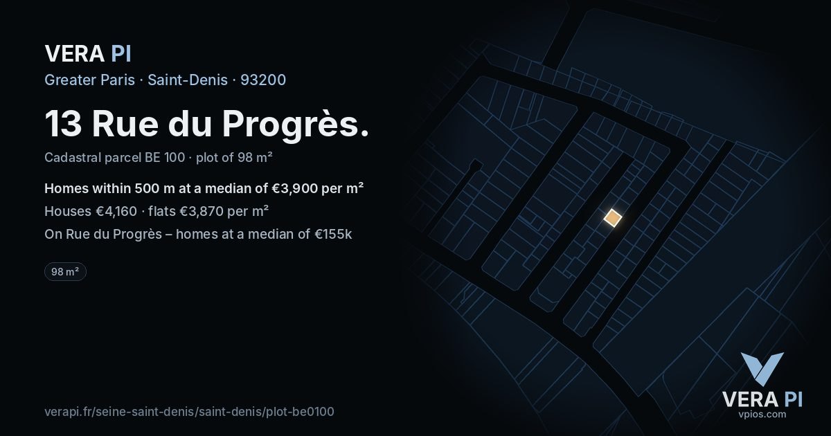 13 Rue du Progrès, Saint-Denis at night – the plot lit, the parcels around coloured by the prices near them
