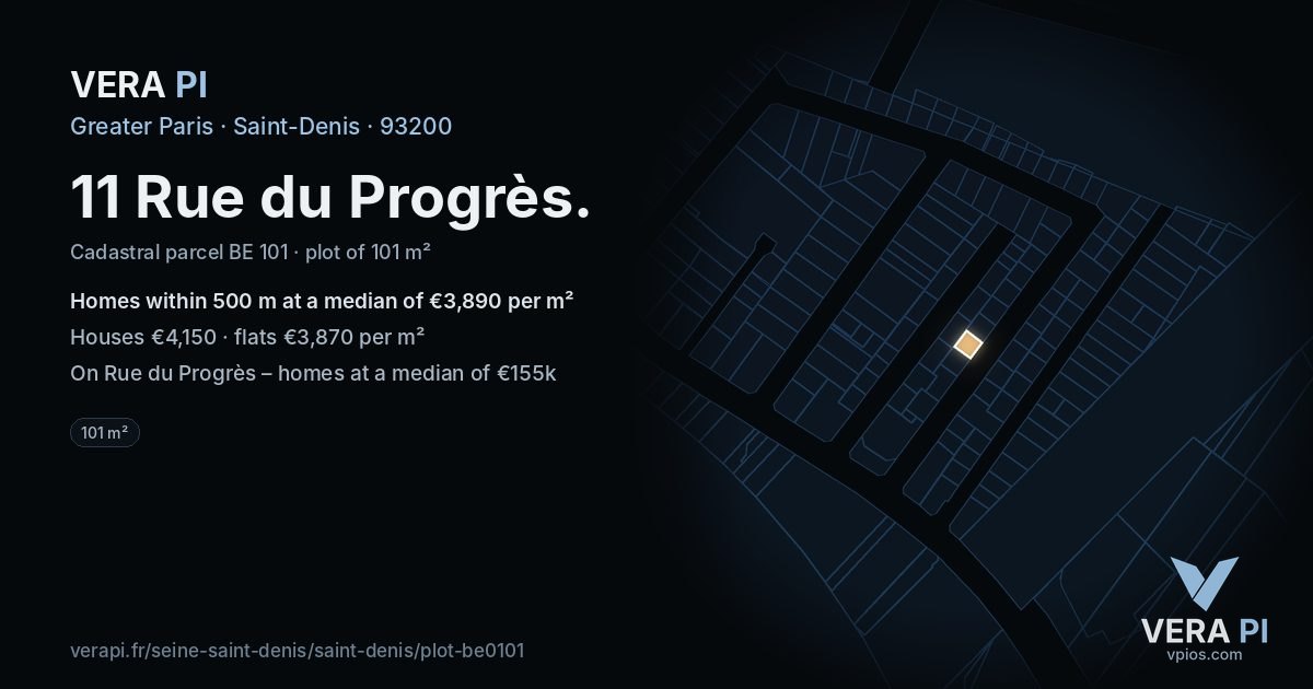 11 Rue du Progrès, Saint-Denis at night – the plot lit, the parcels around coloured by the prices near them
