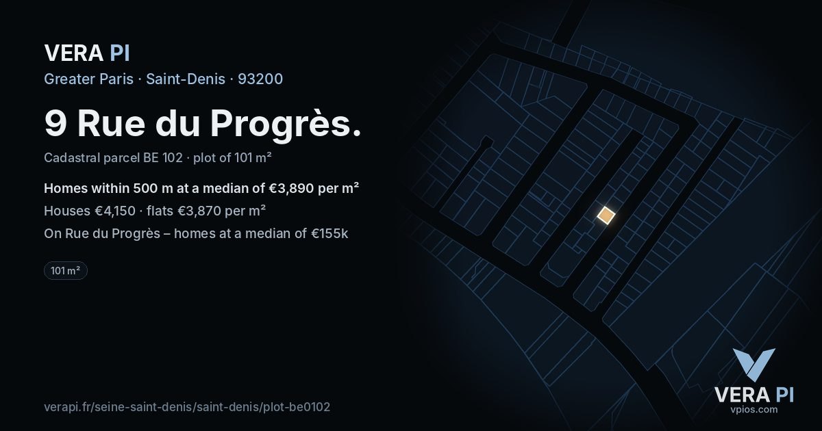 9 Rue du Progrès, Saint-Denis at night – the plot lit, the parcels around coloured by the prices near them