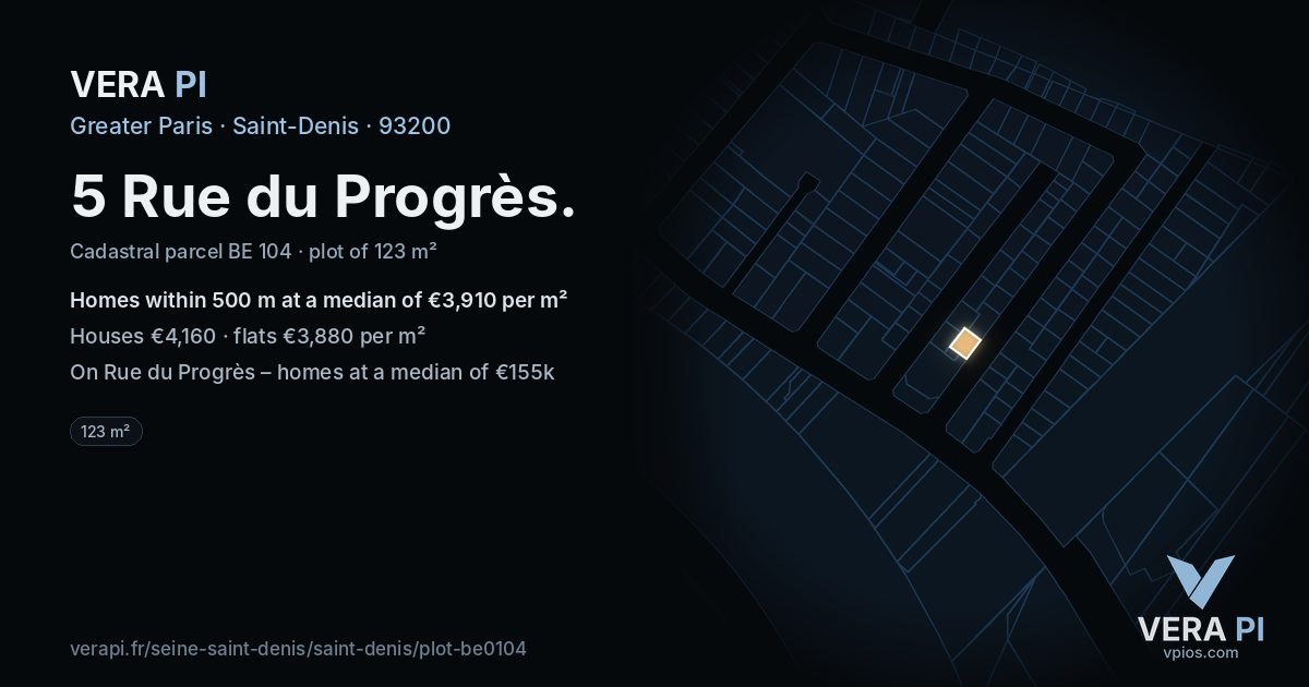 5 Rue du Progrès, Saint-Denis at night – the plot lit, the parcels around coloured by the prices near them