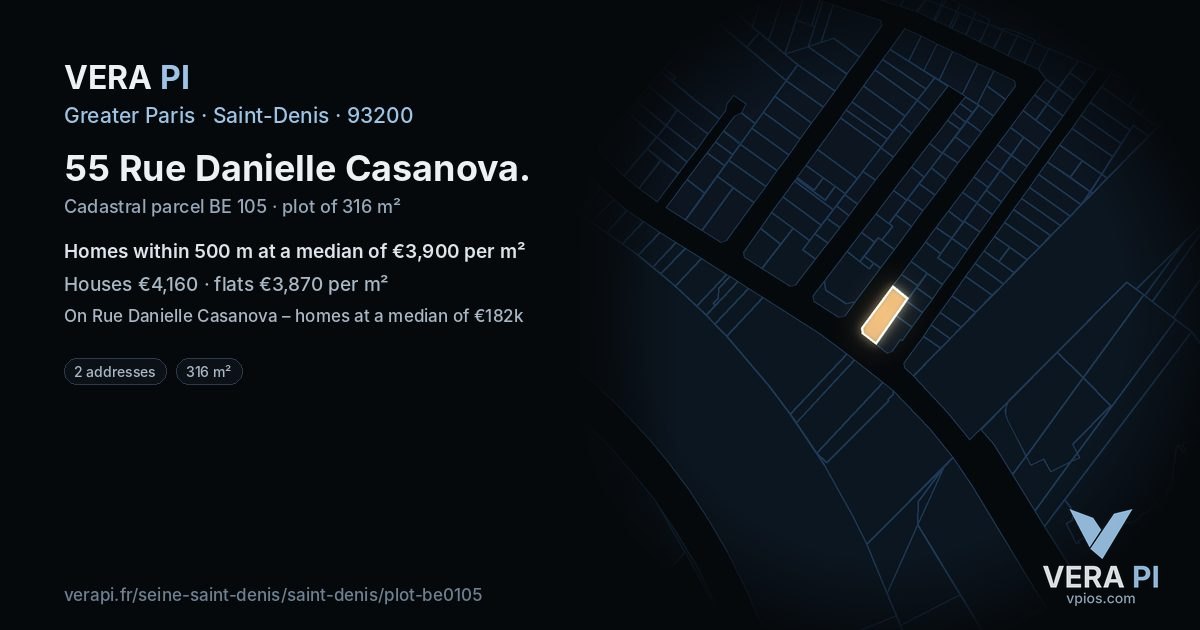 55 Rue Danielle Casanova, Saint-Denis at night – the plot lit, the parcels around coloured by the prices near them