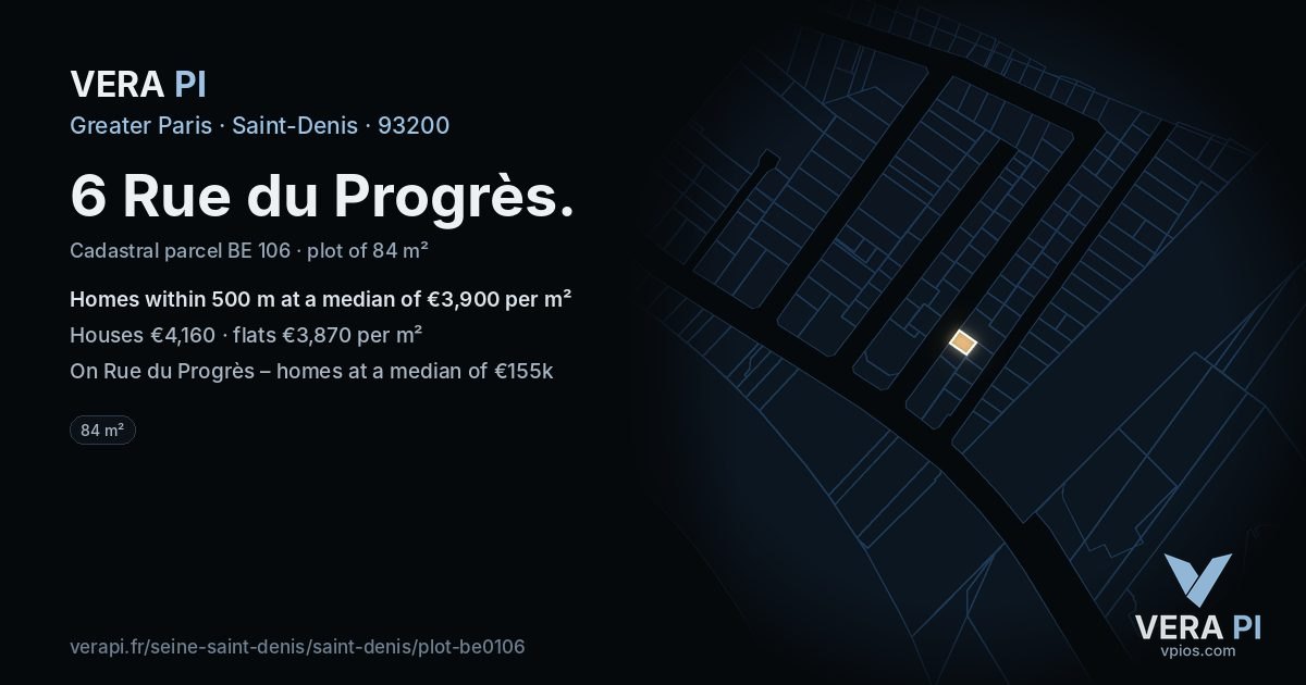 6 Rue du Progrès, Saint-Denis at night – the plot lit, the parcels around coloured by the prices near them