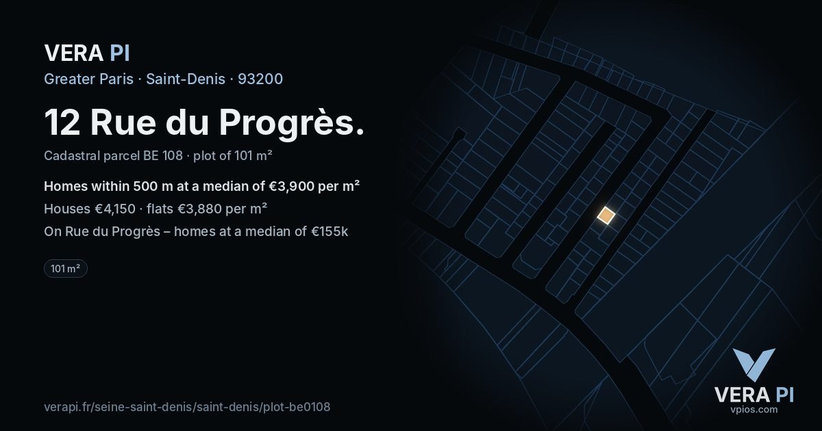12 Rue du Progrès, Saint-Denis at night – the plot lit, the parcels around coloured by the prices near them