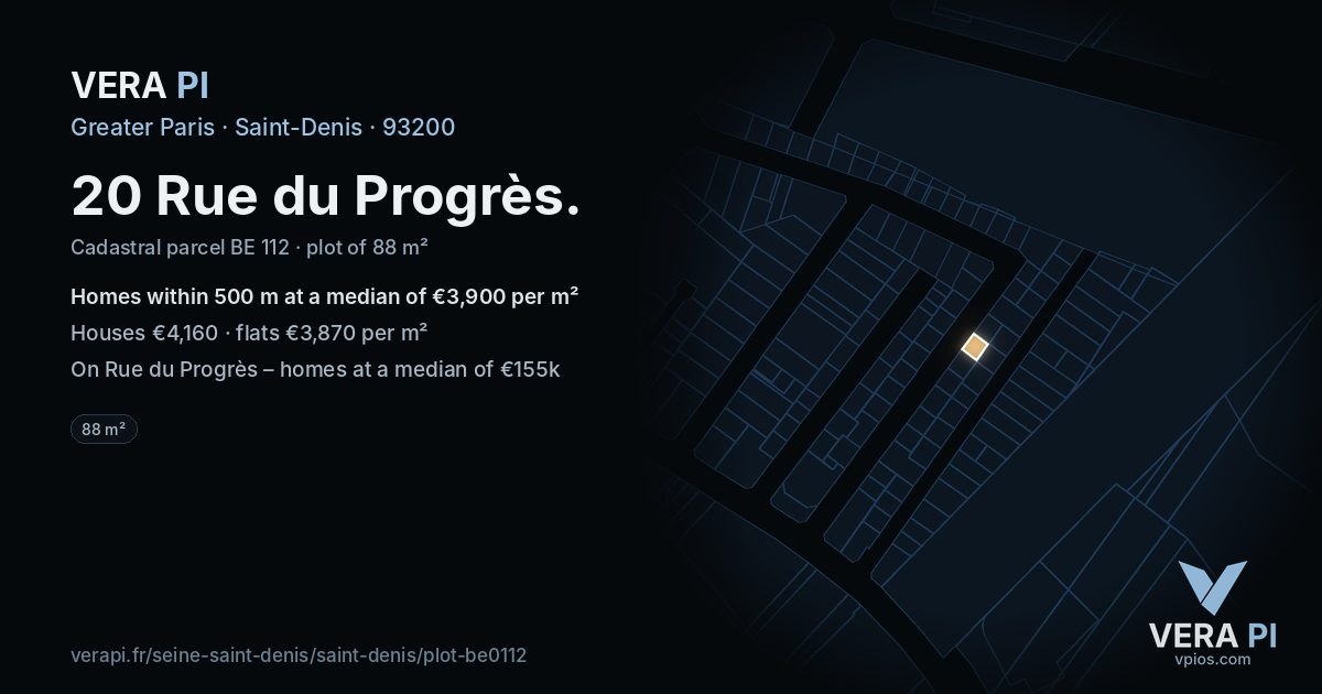 20 Rue du Progrès, Saint-Denis at night – the plot lit, the parcels around coloured by the prices near them