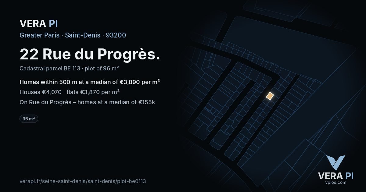22 Rue du Progrès, Saint-Denis at night – the plot lit, the parcels around coloured by the prices near them
