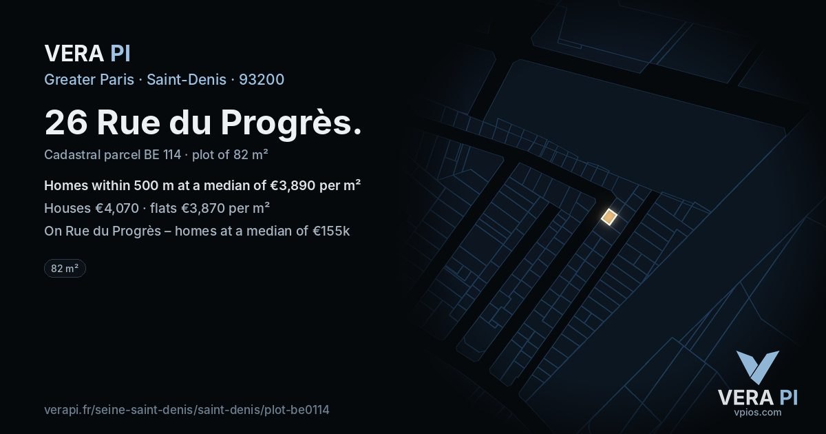 26 Rue du Progrès, Saint-Denis at night – the plot lit, the parcels around coloured by the prices near them