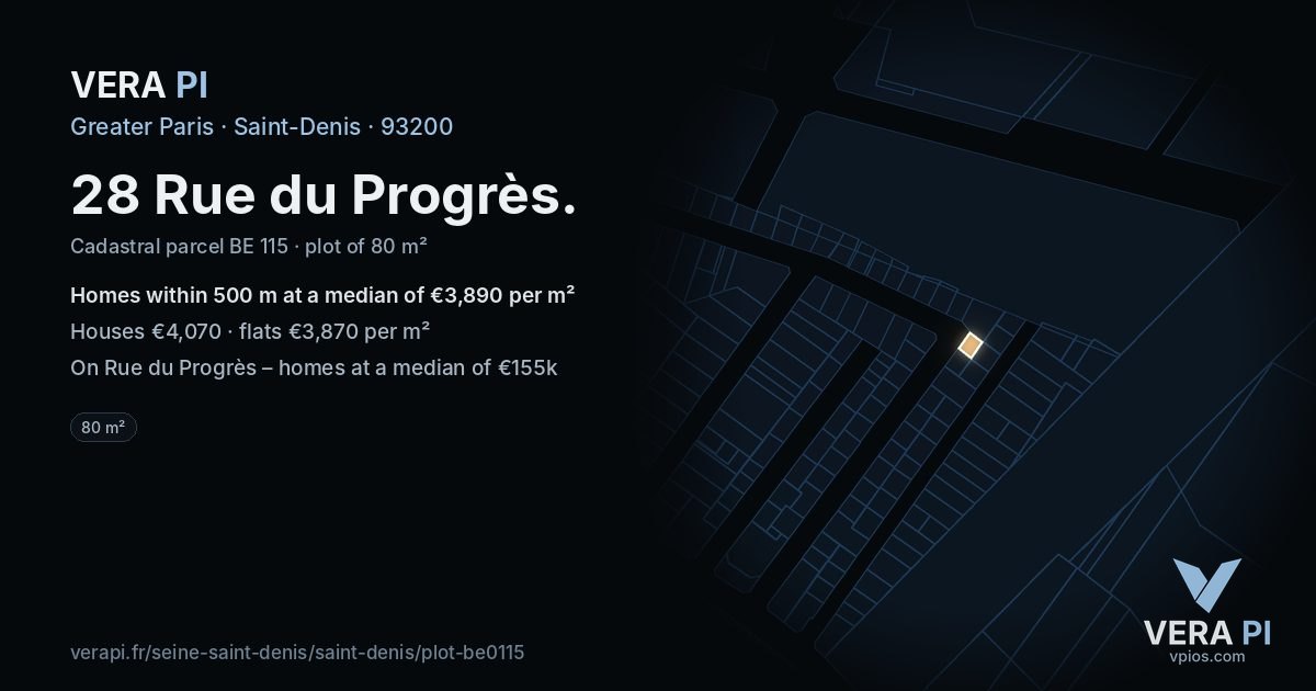 28 Rue du Progrès, Saint-Denis at night – the plot lit, the parcels around coloured by the prices near them