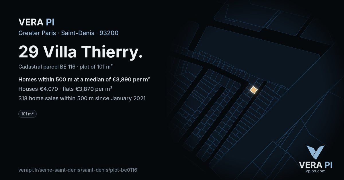 29 Villa Thierry, Saint-Denis at night – the plot lit, the parcels around coloured by the prices near them