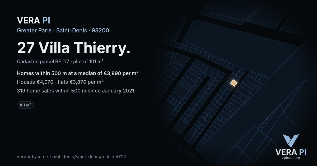 27 Villa Thierry, Saint-Denis at night – the plot lit, the parcels around coloured by the prices near them