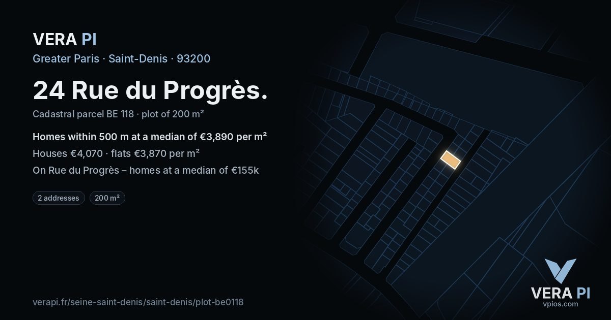 24 Rue du Progrès, Saint-Denis at night – the plot lit, the parcels around coloured by the prices near them