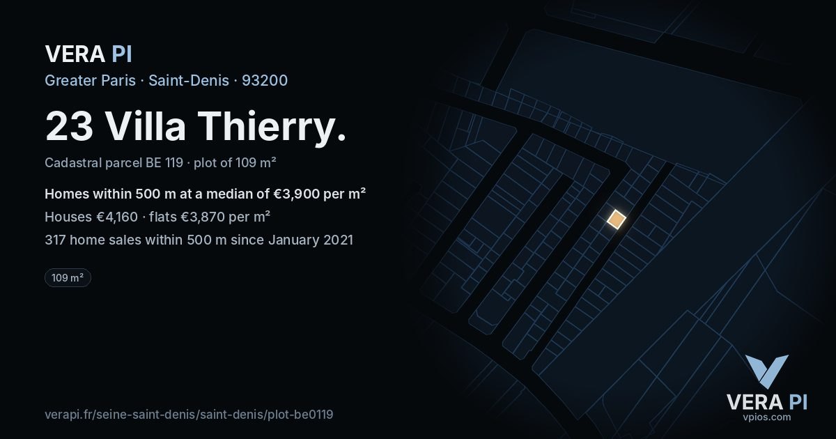 23 Villa Thierry, Saint-Denis at night – the plot lit, the parcels around coloured by the prices near them