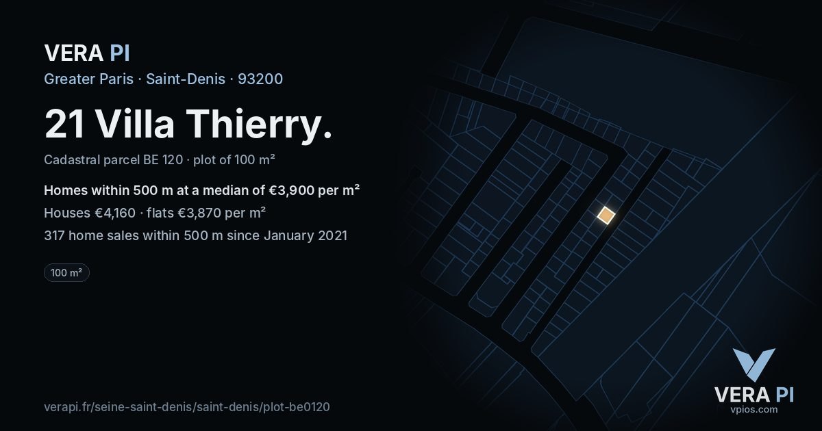 21 Villa Thierry, Saint-Denis at night – the plot lit, the parcels around coloured by the prices near them