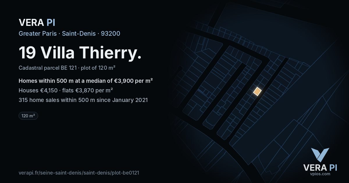 19 Villa Thierry, Saint-Denis at night – the plot lit, the parcels around coloured by the prices near them