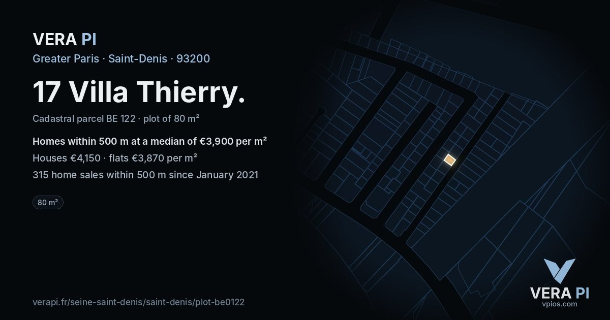 17 Villa Thierry, Saint-Denis at night – the plot lit, the parcels around coloured by the prices near them