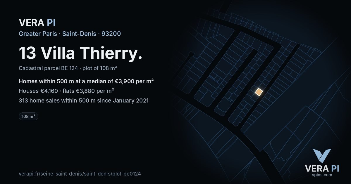 13 Villa Thierry, Saint-Denis at night – the plot lit, the parcels around coloured by the prices near them