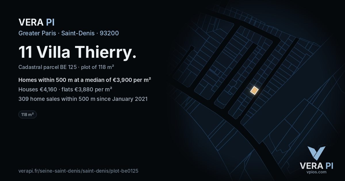 11 Villa Thierry, Saint-Denis at night – the plot lit, the parcels around coloured by the prices near them