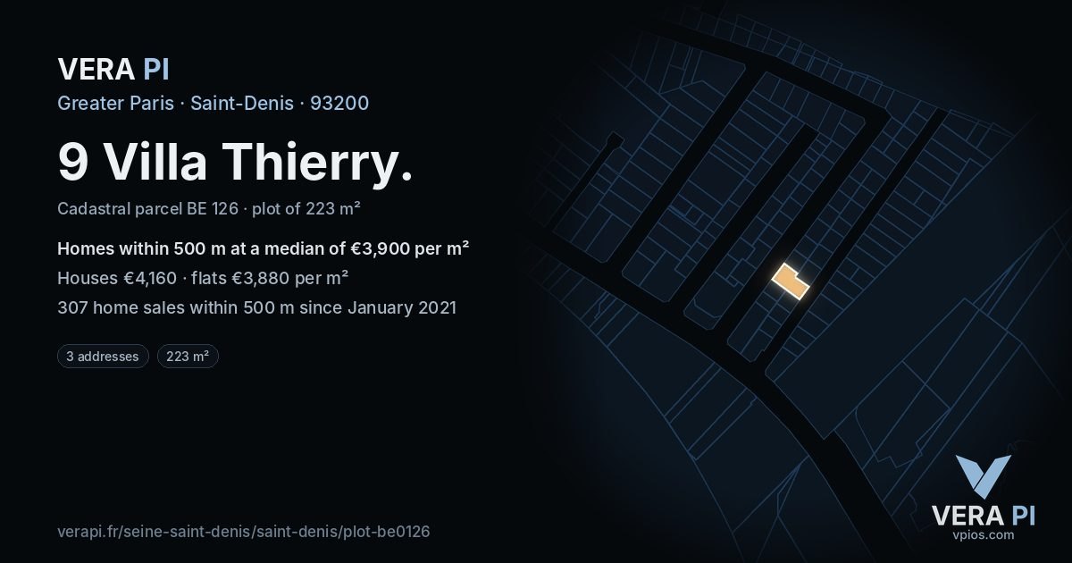 9 Villa Thierry, Saint-Denis at night – the plot lit, the parcels around coloured by the prices near them