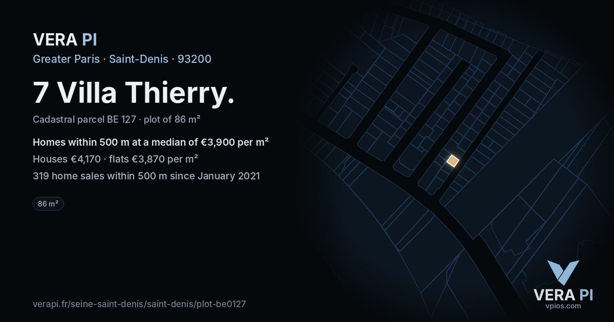 7 Villa Thierry, Saint-Denis at night – the plot lit, the parcels around coloured by the prices near them