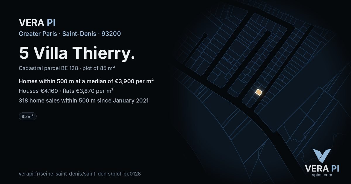 5 Villa Thierry, Saint-Denis at night – the plot lit, the parcels around coloured by the prices near them
