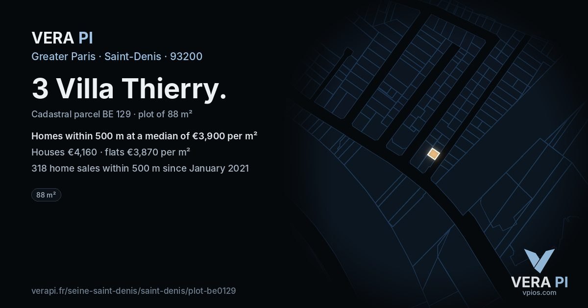 3 Villa Thierry, Saint-Denis at night – the plot lit, the parcels around coloured by the prices near them