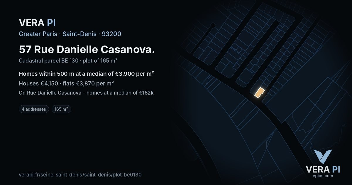57 Rue Danielle Casanova, Saint-Denis at night – the plot lit, the parcels around coloured by the prices near them