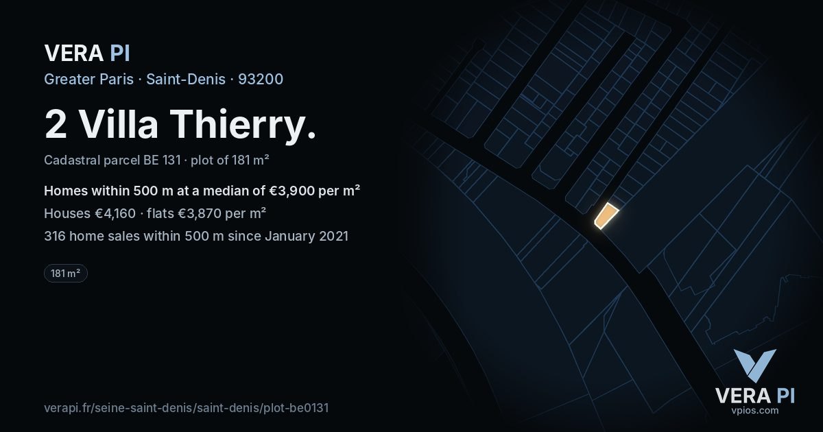 2 Villa Thierry, Saint-Denis at night – the plot lit, the parcels around coloured by the prices near them