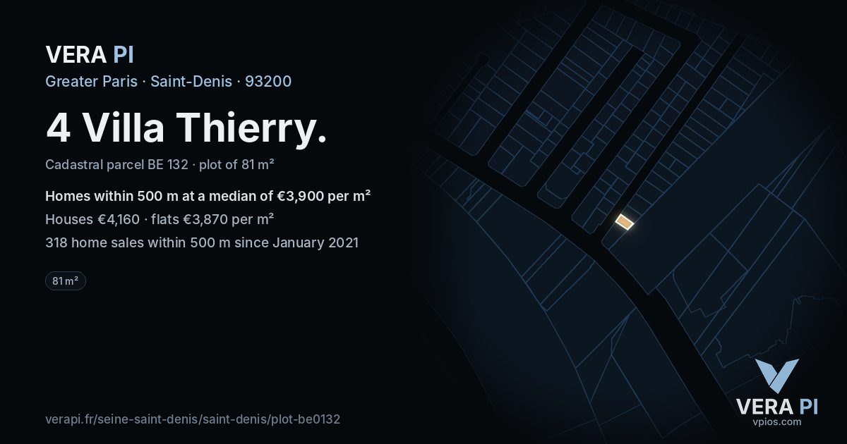 4 Villa Thierry, Saint-Denis at night – the plot lit, the parcels around coloured by the prices near them