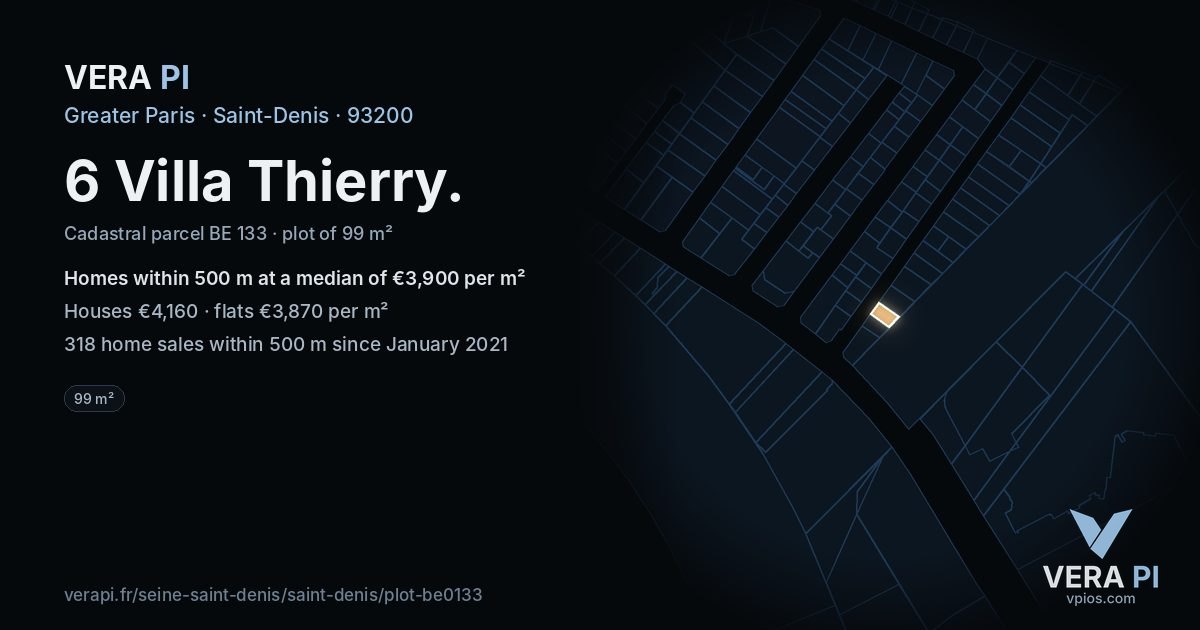 6 Villa Thierry, Saint-Denis at night – the plot lit, the parcels around coloured by the prices near them