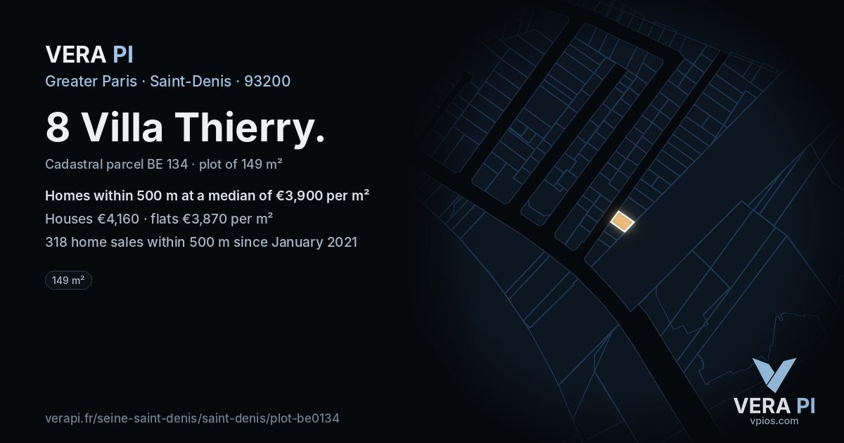 8 Villa Thierry, Saint-Denis at night – the plot lit, the parcels around coloured by the prices near them