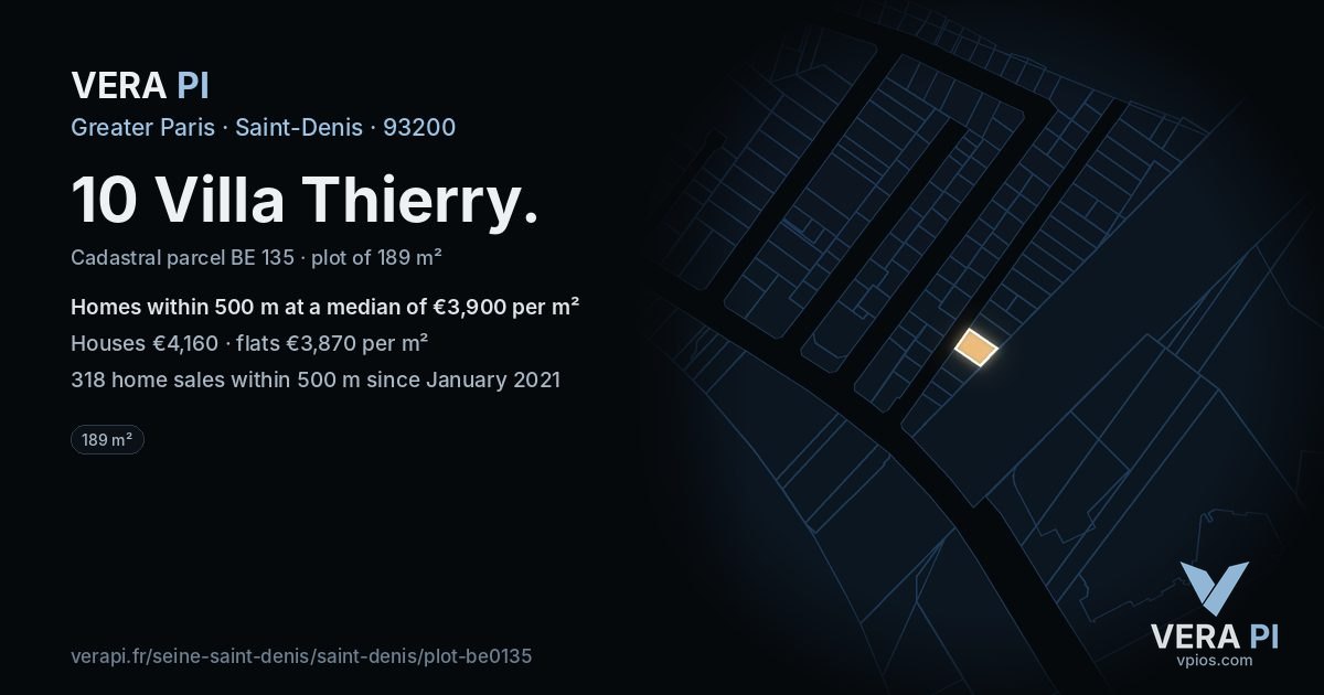 10 Villa Thierry, Saint-Denis at night – the plot lit, the parcels around coloured by the prices near them