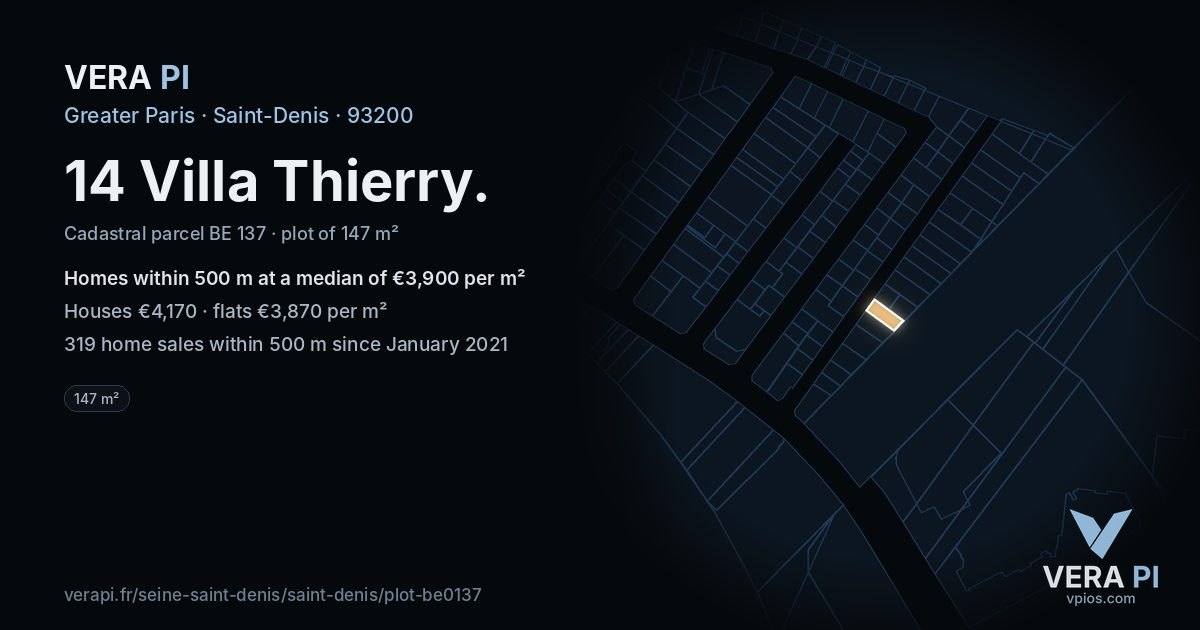 14 Villa Thierry, Saint-Denis at night – the plot lit, the parcels around coloured by the prices near them