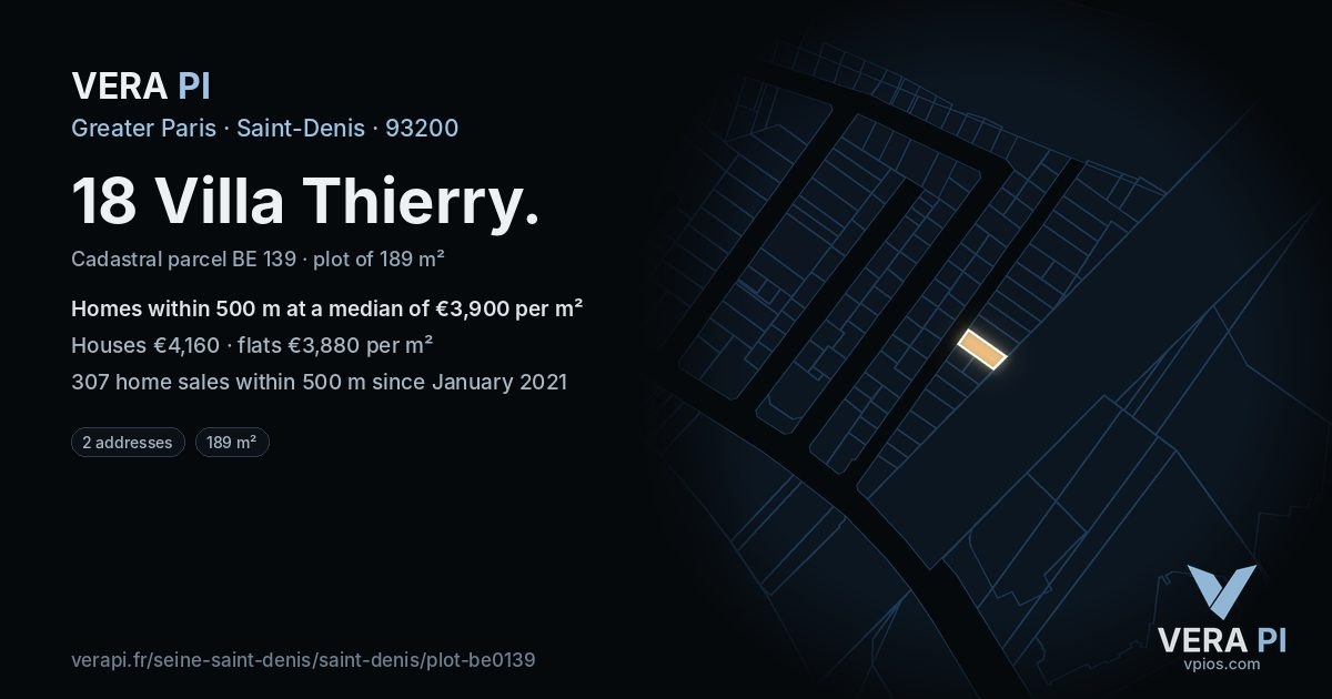 18 Villa Thierry, Saint-Denis at night – the plot lit, the parcels around coloured by the prices near them