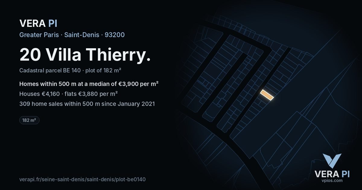 20 Villa Thierry, Saint-Denis at night – the plot lit, the parcels around coloured by the prices near them