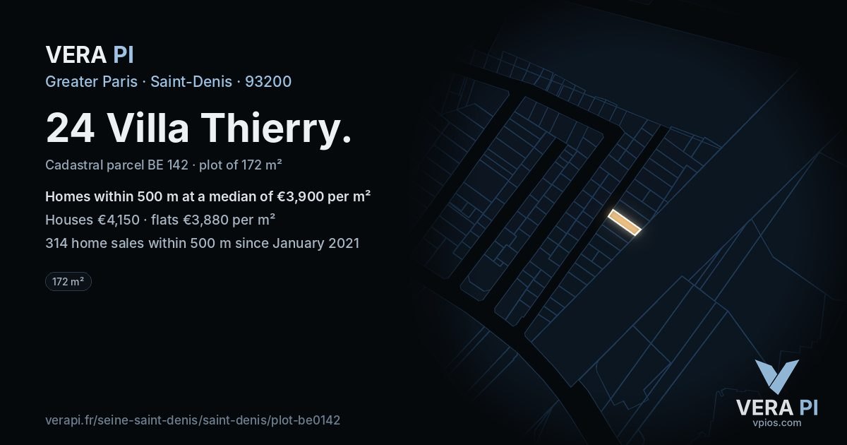 24 Villa Thierry, Saint-Denis at night – the plot lit, the parcels around coloured by the prices near them